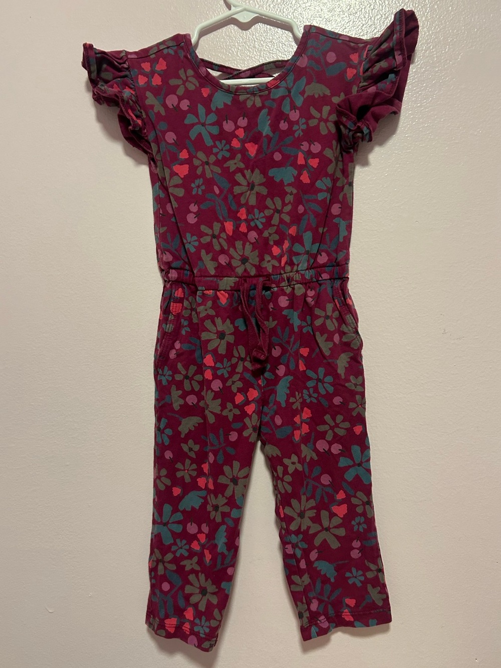 Tea Collection Burgundy Floral Ruffle-Sleeve Jumpsuit Sz 18-24 Months